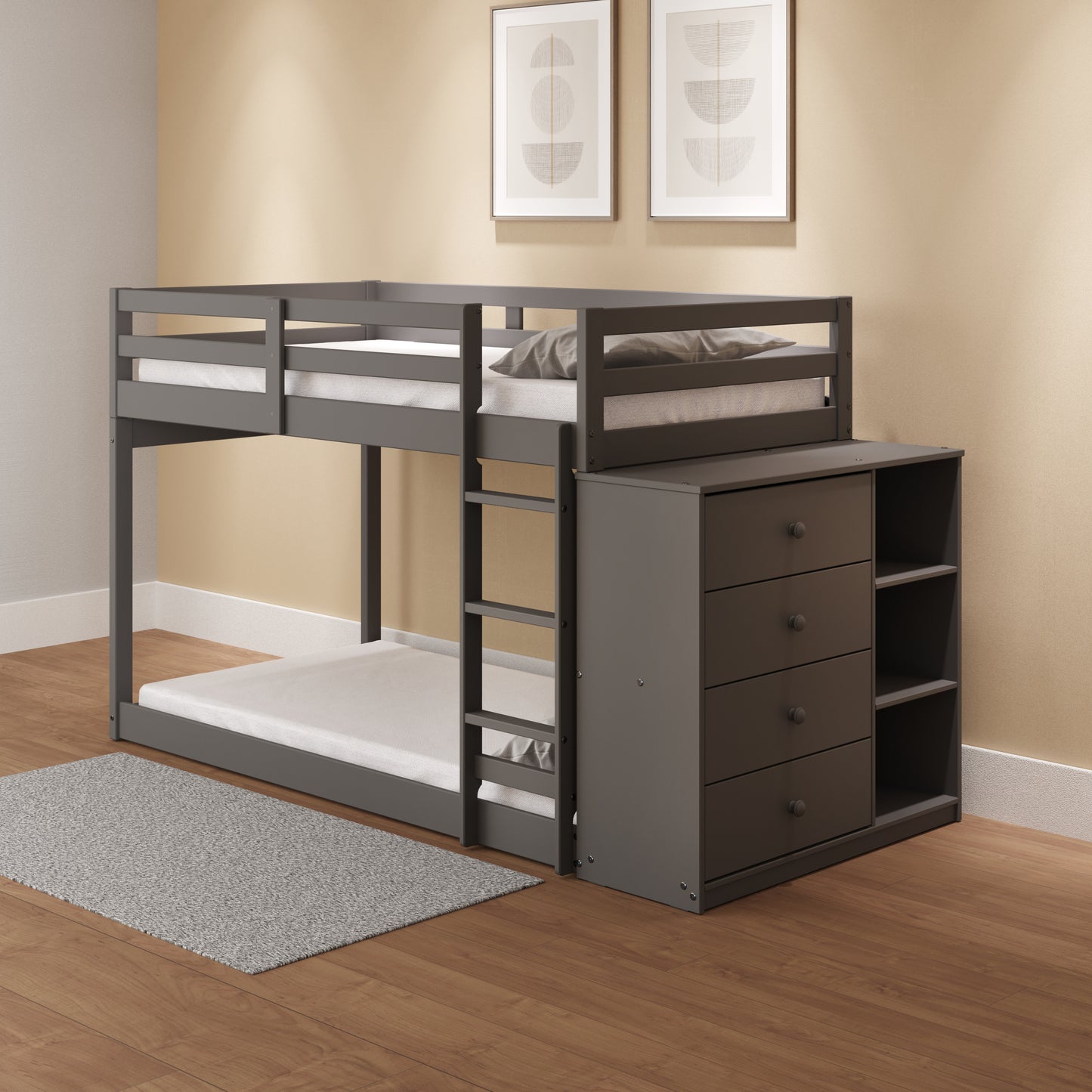 Gray Finish Twin Bunk Bed with Storage and Cabinet - Stylish and Functional Twin/Twin Bunk Bed