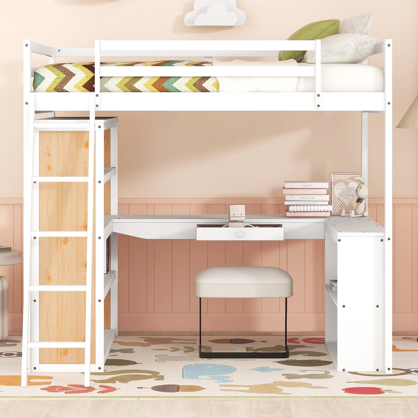 Full Size Loft Bed with Ladder, Shelves, and Desk, White