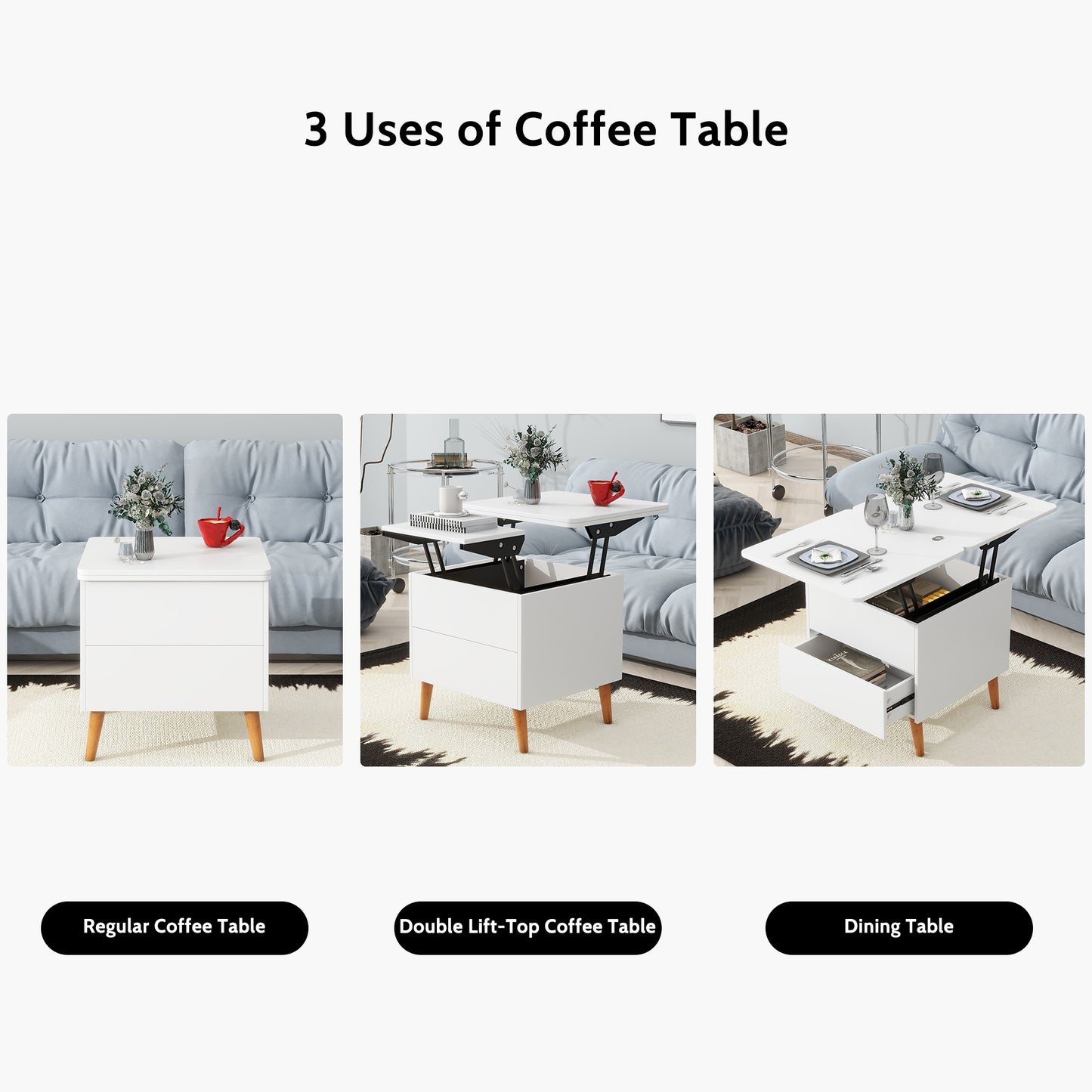 White Extendable Coffee Table with Storage & Lift Top