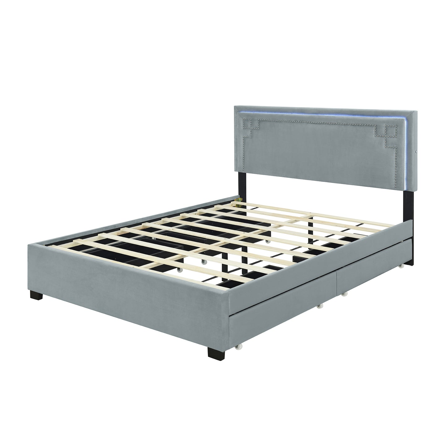 Queen Size Upholstered Platform Bed with Rivet-decorated Headboard, LED bed frame and 4 Drawers, Gray