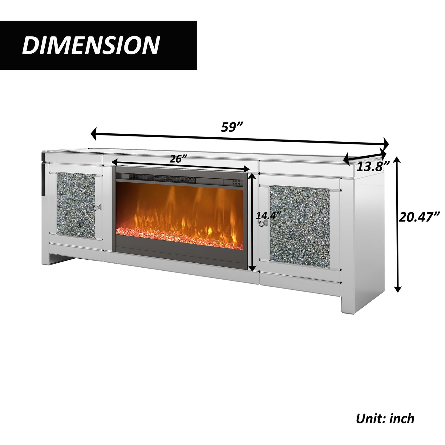 Luxury Mirrored TV Stand with Electric Fireplace and Crystal Decor Doors