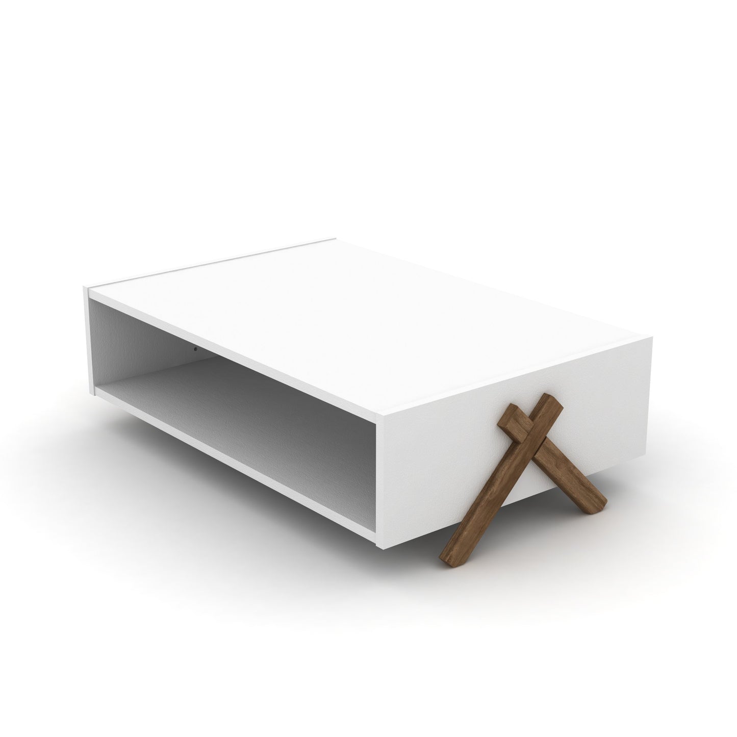 HT Design Kipp Modern Wooden Coffee Table with Cross Legs and Interior Storage Shelf