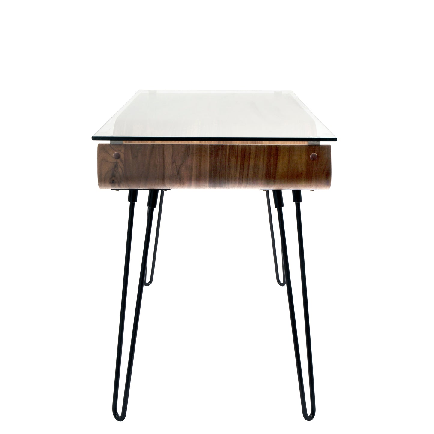 Avery Mid-Century Modern Walnut Desk with Glass Top and Black Metal Legs