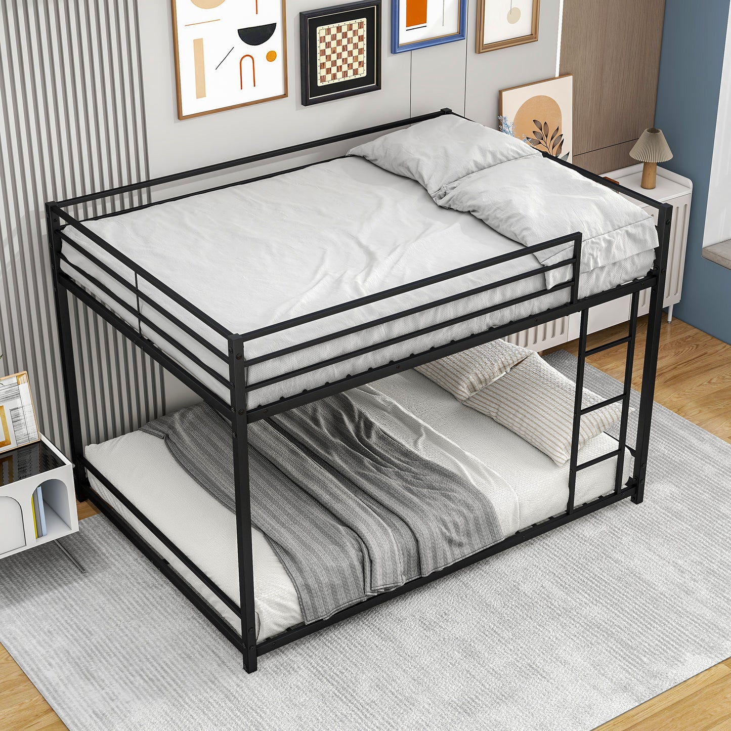 Black Metal Bunk Bed with Double Full Size and Safety Guard Rails