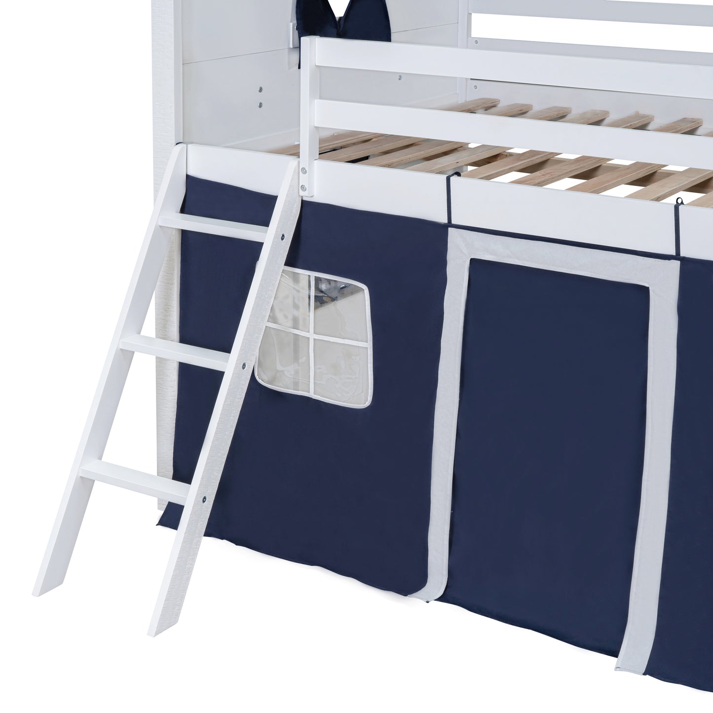 Full Size Bunk Wood House Bed with Elegant Windows, Sills and Tent,  Blue+White