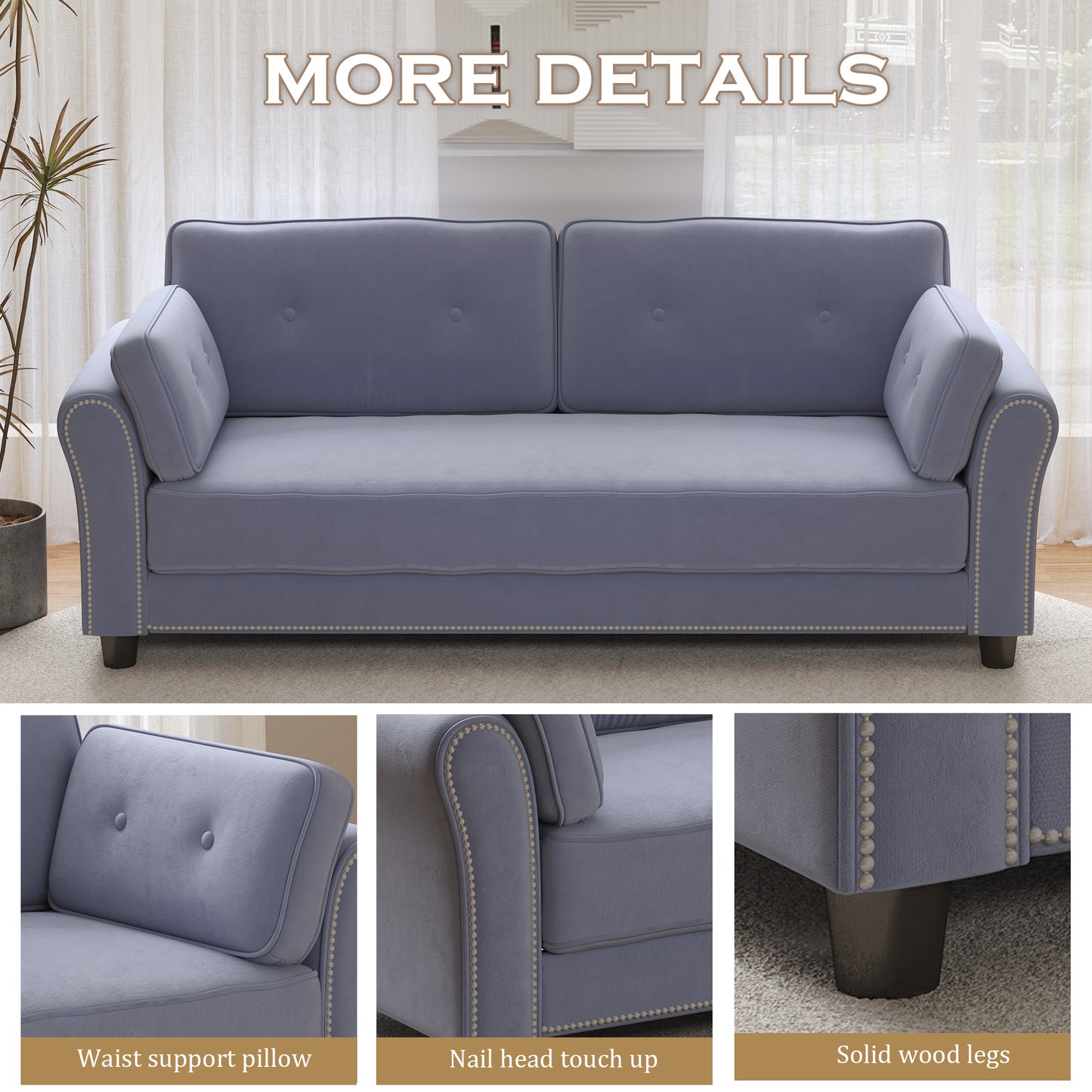 Elegant 79 Grey Velvet Sofa with Nail Head Trim and Button Back