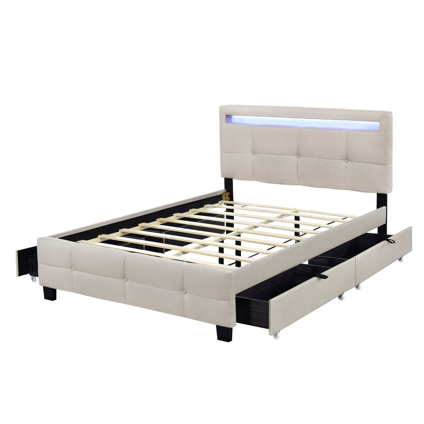 Full Size Upholstered Platform Bed with LED Frame and 4 Drawers, Linen Fabric, Beige