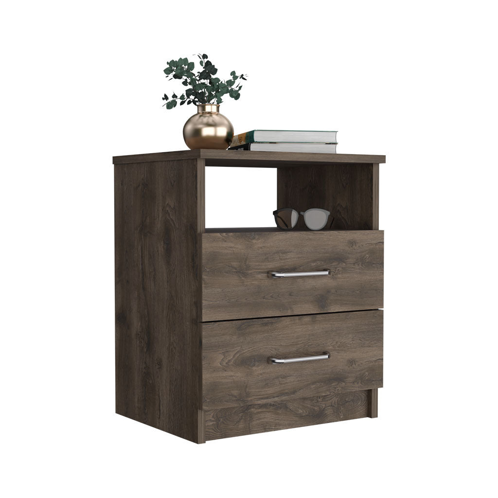 Nightstand Olienza, Two Drawers, One Shelf, Dark Brown Finish