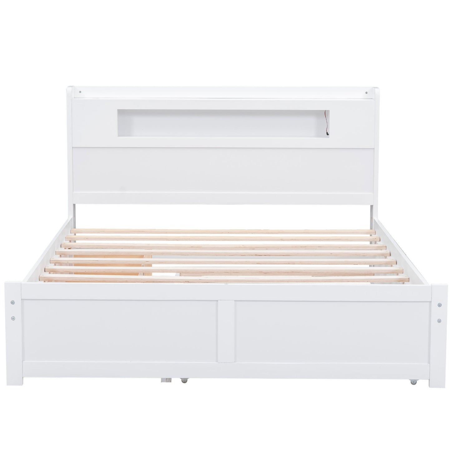 Queen Size Wood Storage Platform Bed with LED, 2 Drawers and 1 Twin Size Trundle, White