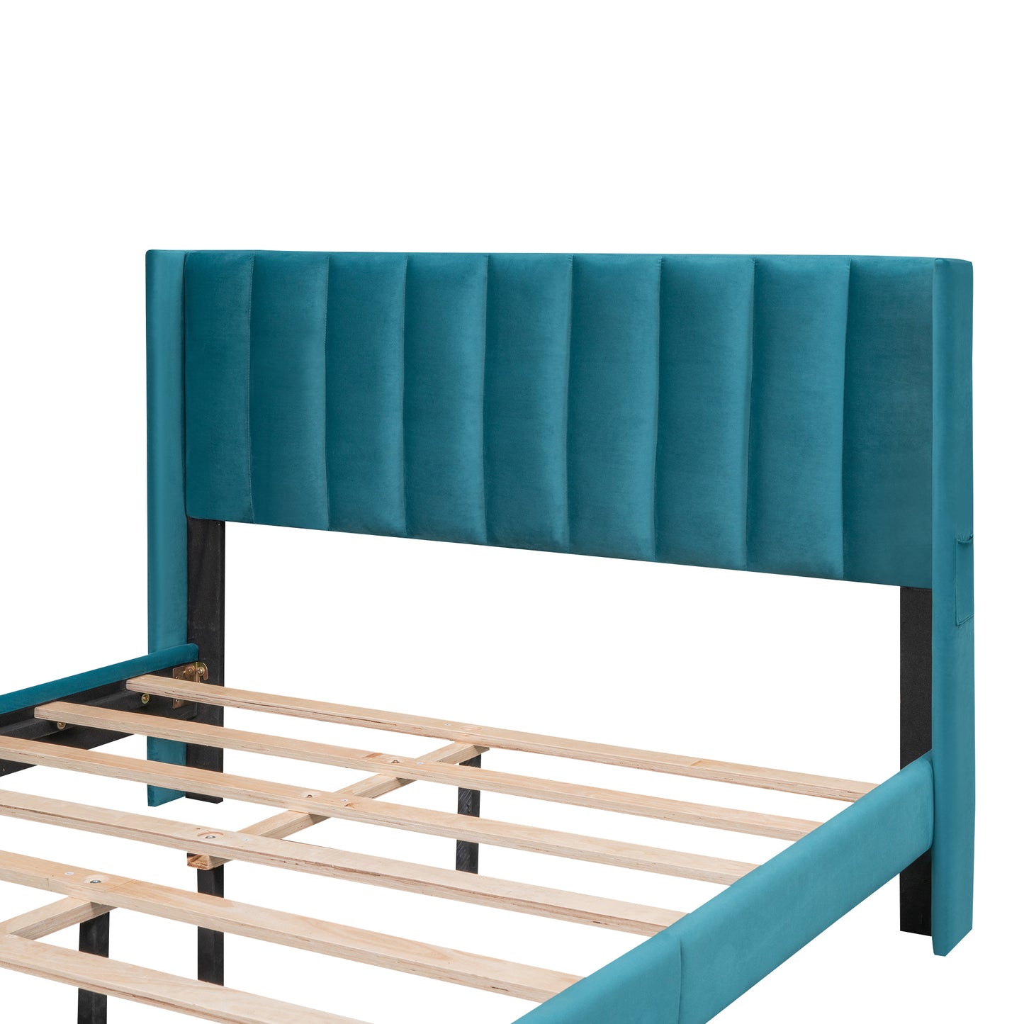 Queen Size Storage Bed Velvet Upholstered Platform Bed with a Big Drawer - Blue