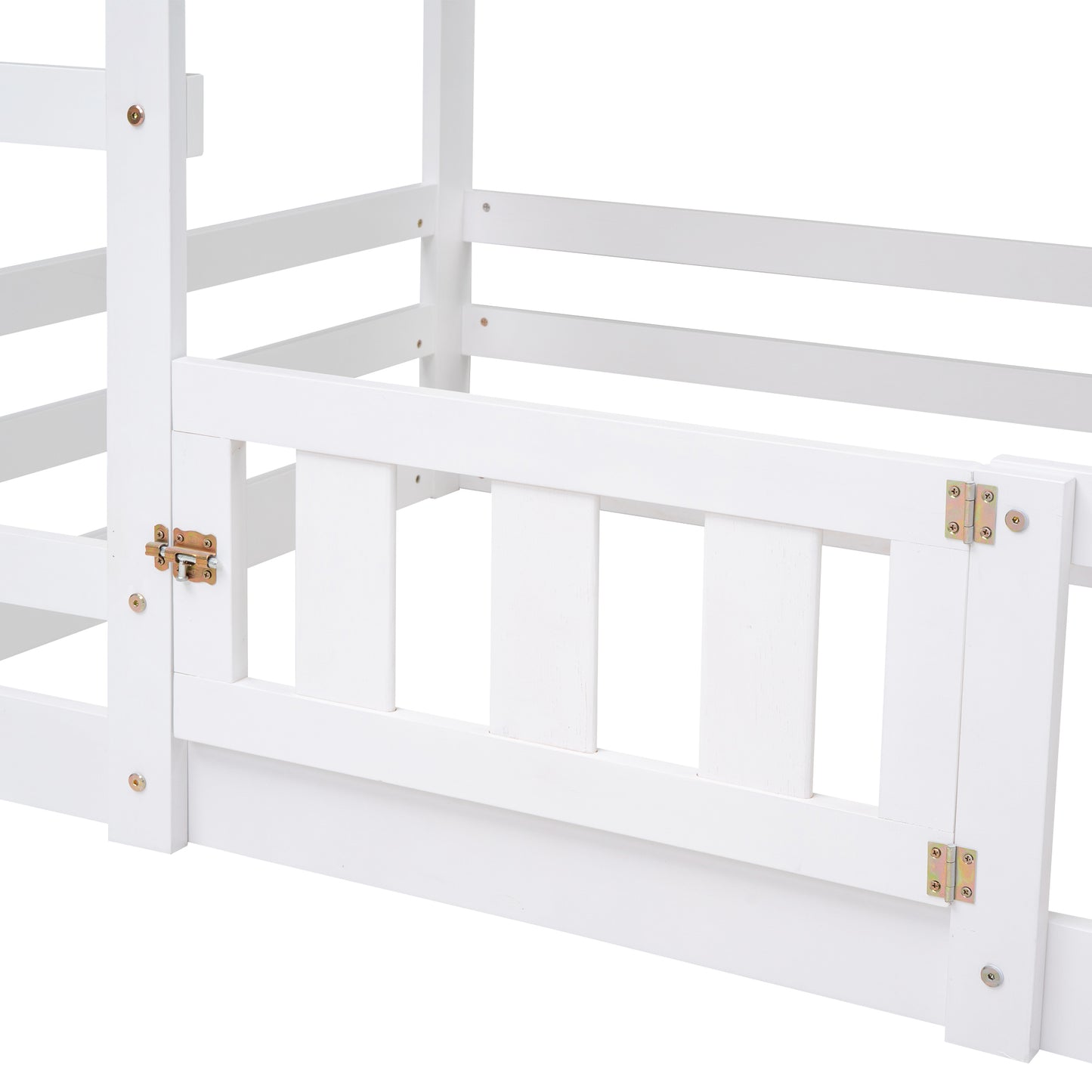 Enchanted White Twin over Twin House Bunk Bed with Playful Fence and Entryway