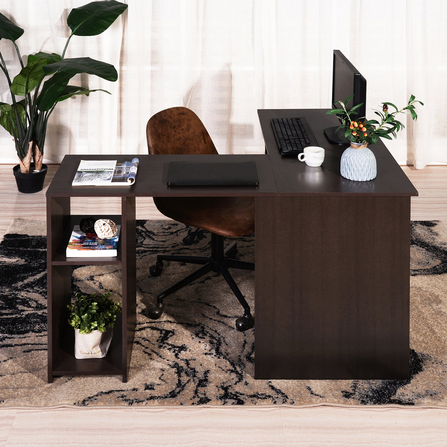 L-Shaped Computer Desk with Open Shelves and Ample Storage