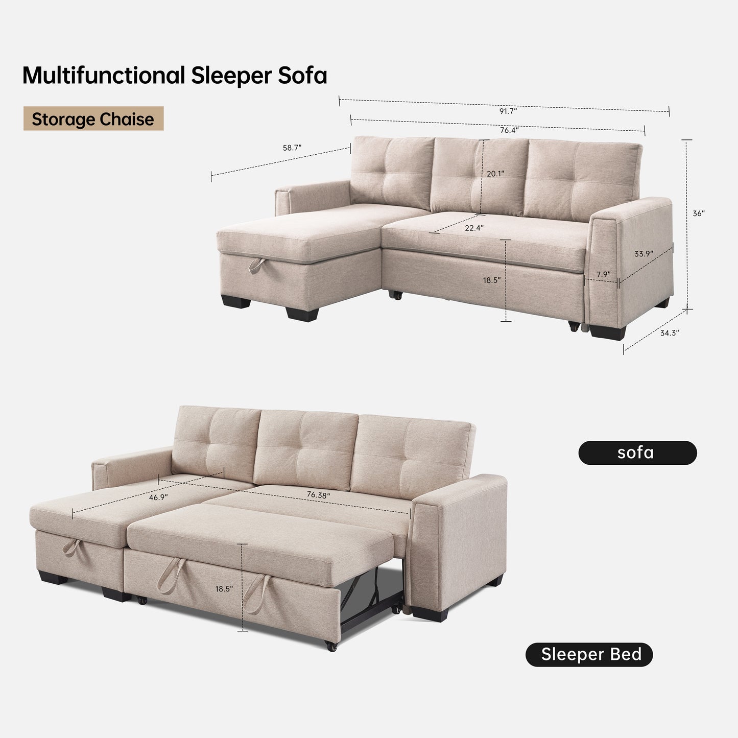 Modular Beige Fabric Sectional Sofa Bed with Storage Chaise & Convertible Sleeper