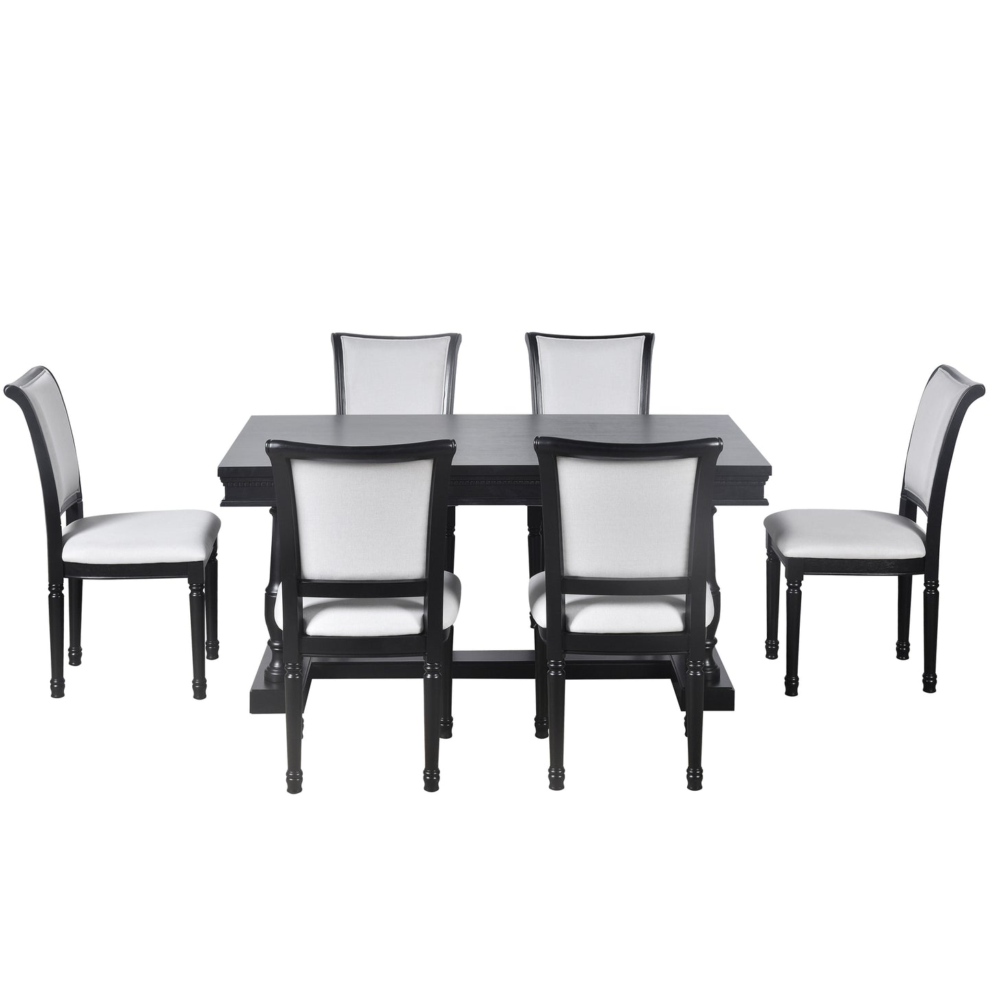 TREXM 7-Piece Dining Table with 4 Trestle Base and 6 Upholstered Chairs with Slightly Curve and Ergonomic Seat Back (Black)