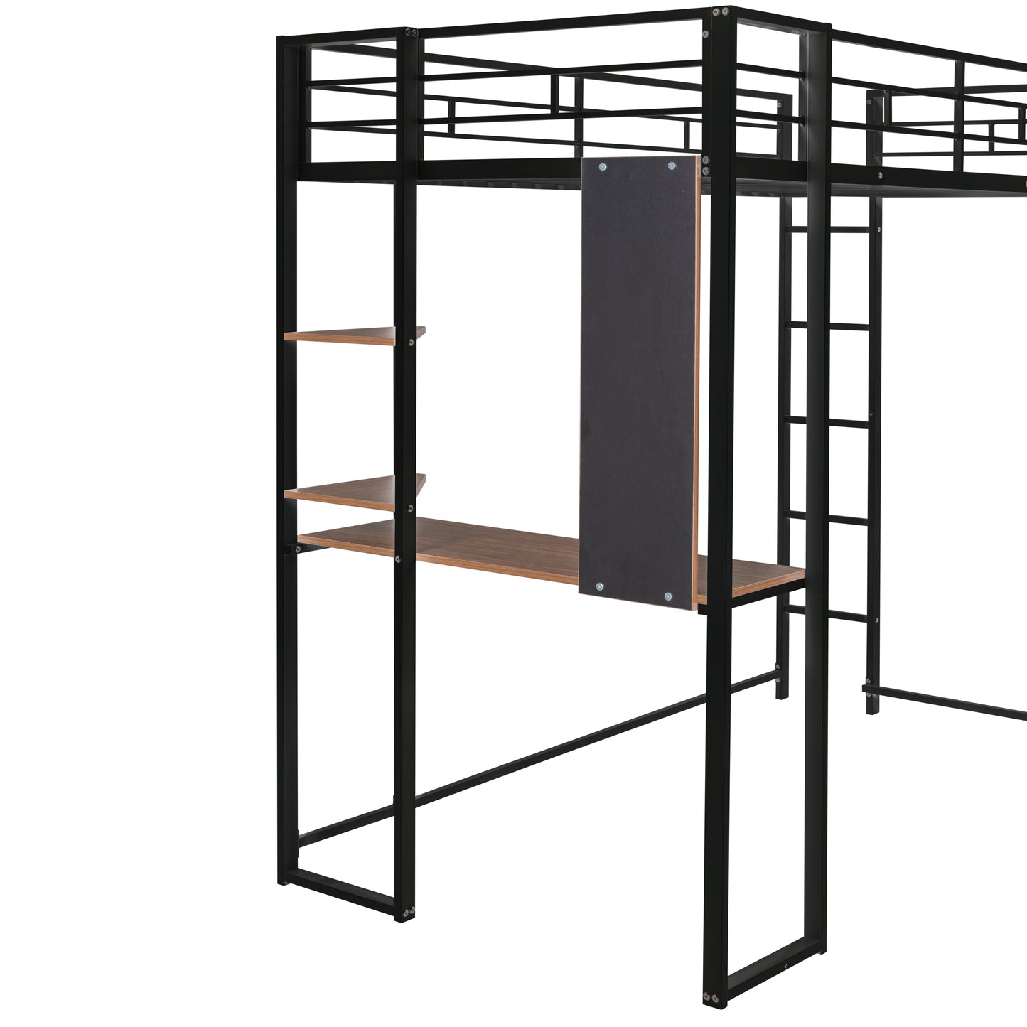 Twin Metal Loft Bed with 2 Shelves and one Desk ,BLACK(: MF281206AAB)