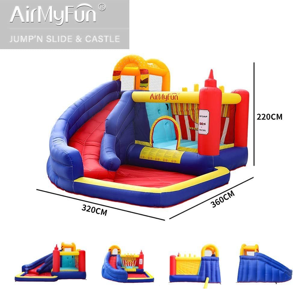 AirMyFun Food Bouncy Castle with Hamburger and Ketchup Shape, Jump & Slide Area with Safety Net