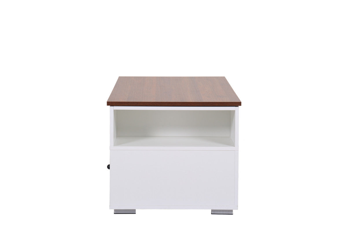 Luna White Coffee Table with Walnut Finish Lift Top, 2 Drawers, and 2 Shelves for Stylish Organization