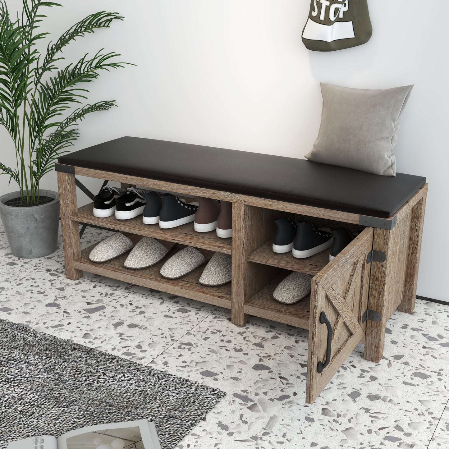 Modern Farmhouse Shoes Bench With Seat Cushion, Tobacco Wood