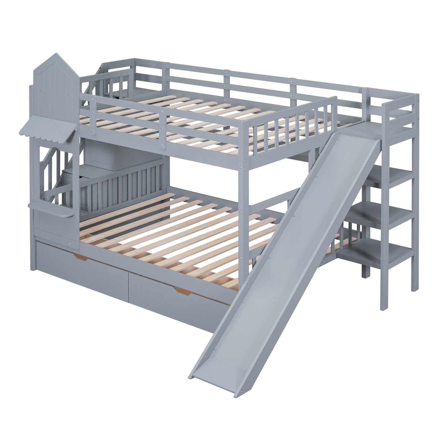 Castle Loft Bunk Bed with Slide, Drawers, and Shelves - Gray: Magical Castle Style Loft Bed with Slide, Drawers, and Shelves