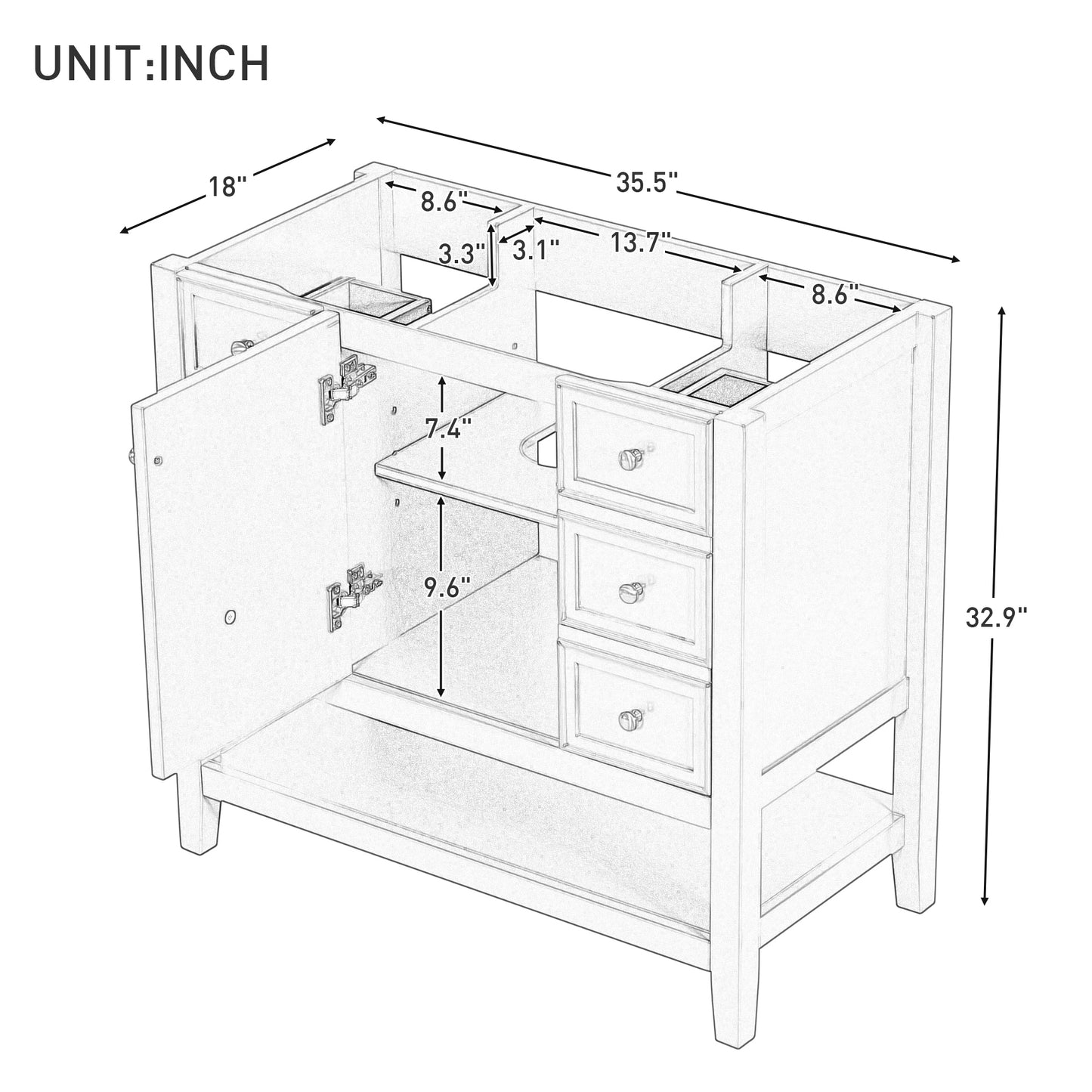 36" Bathroom Vanity without Sink, Cabinet Base Only, One Cabinet and three Drawers, White