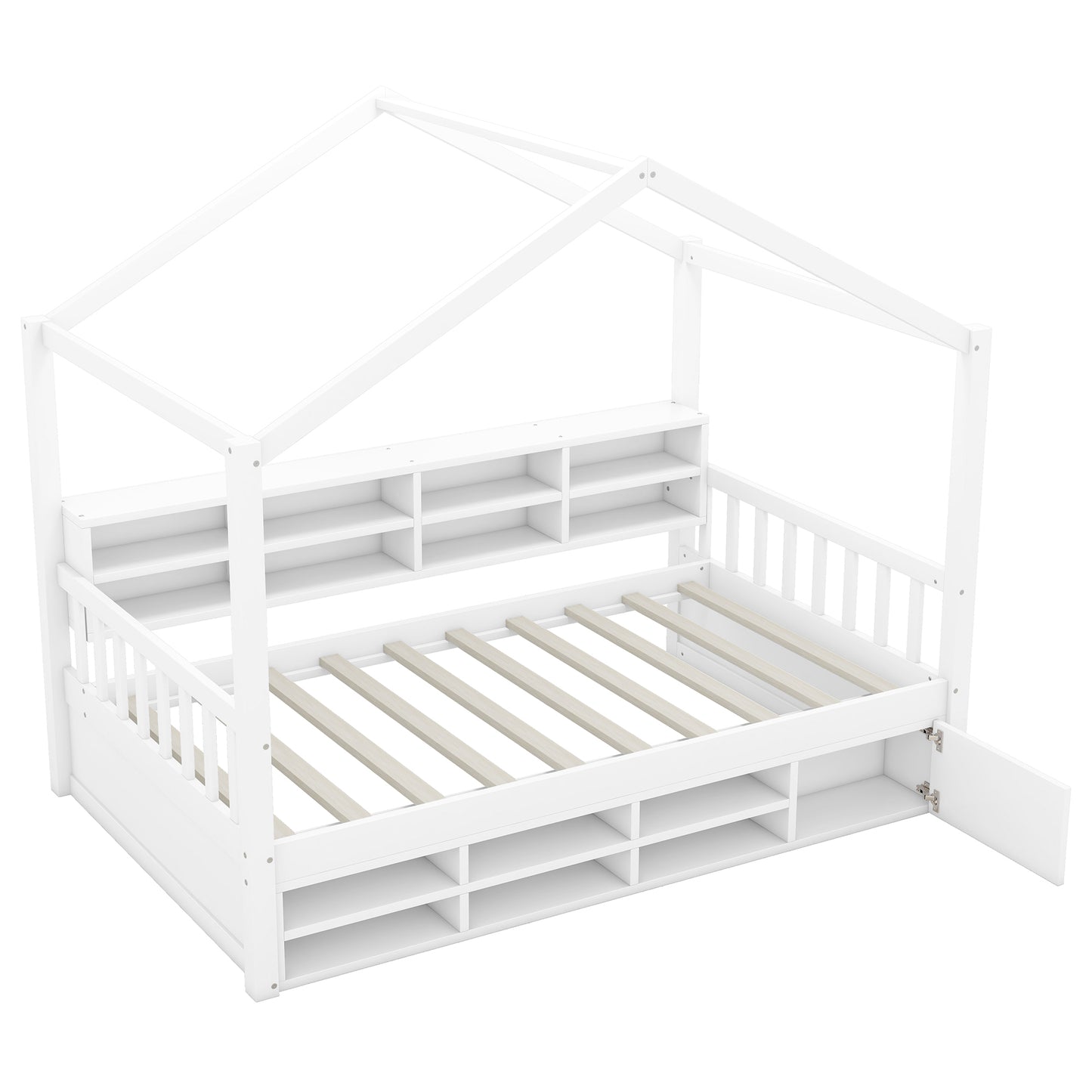 Twin Size Wooden House Bed with Shelves and a Mini-cabinet, White