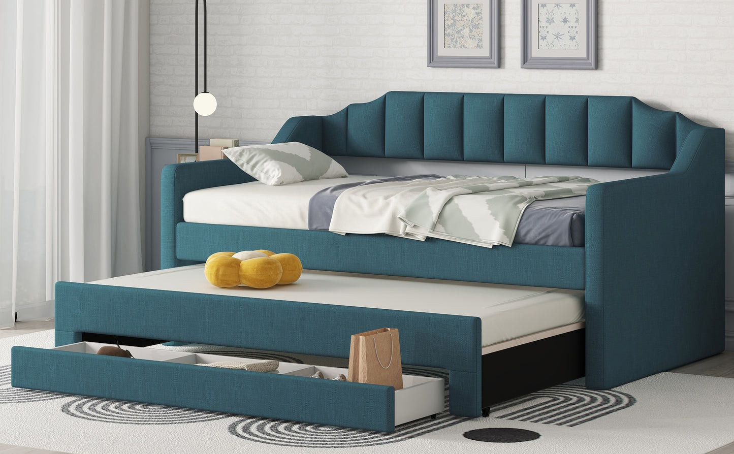 Twin Size Upholstered Daybed with Trundle and Three Drawers,Green