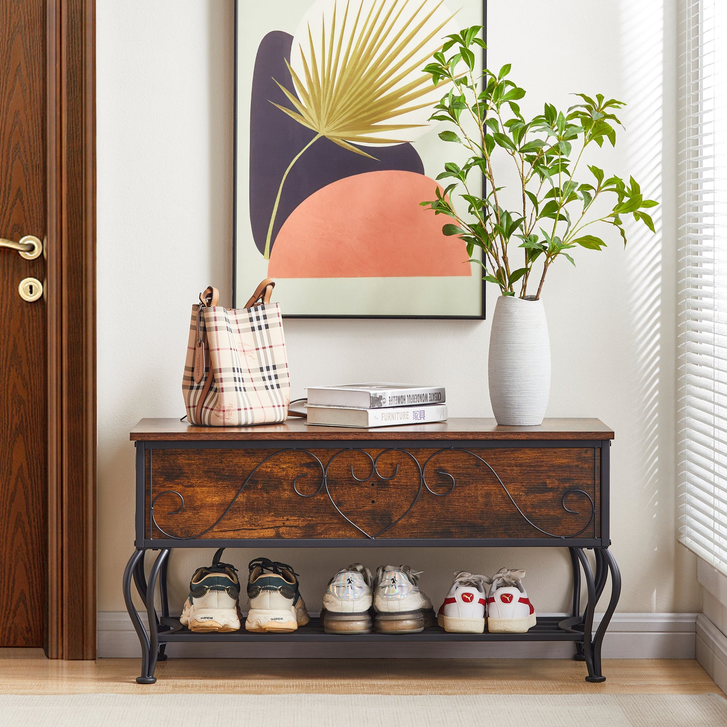 Shoe Rack Bench for Entryway, Industrial Bench with Shoe Storage Shelf, Rustic Shoe Rack for Small Spaces, Metal Shoe Rack with Wood Bench