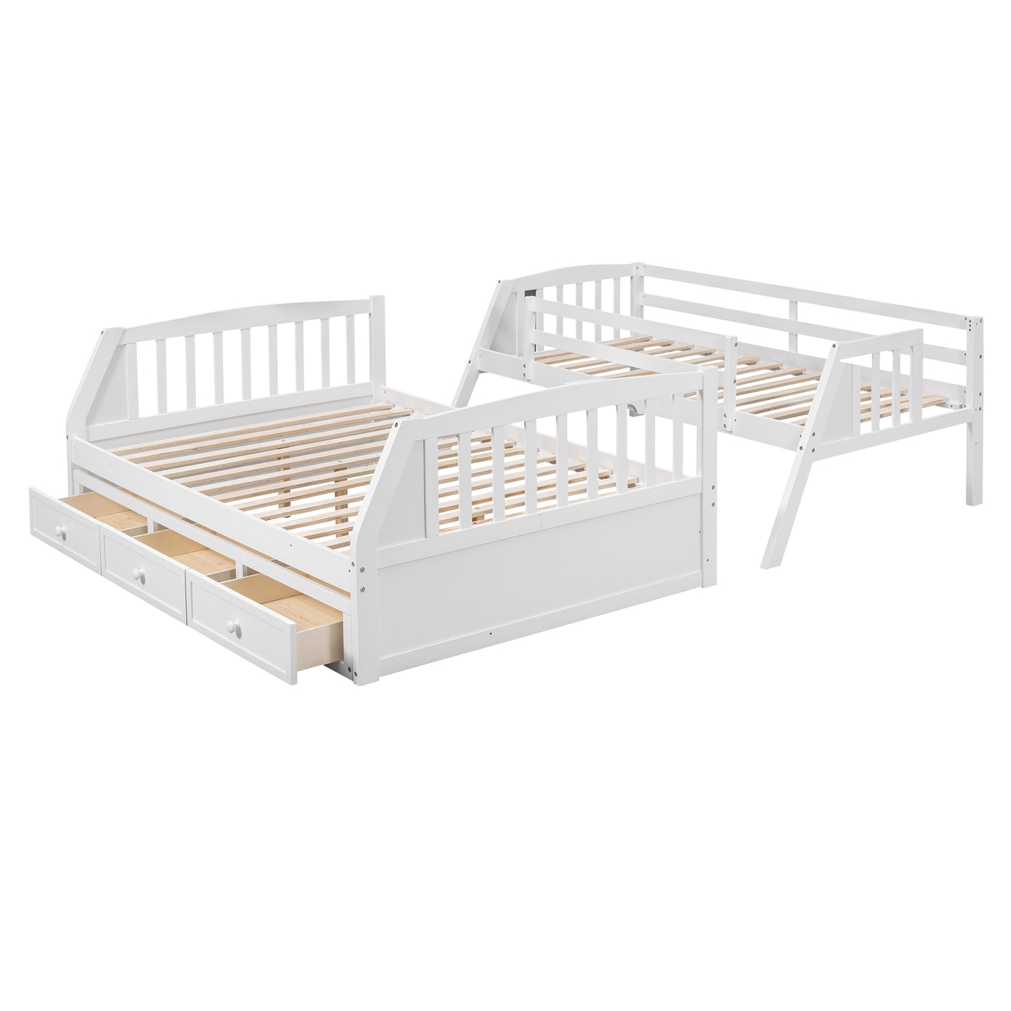 White Bunk Bed with Drawers, Ladder, and Storage Staircase for Twin and Full Sizes