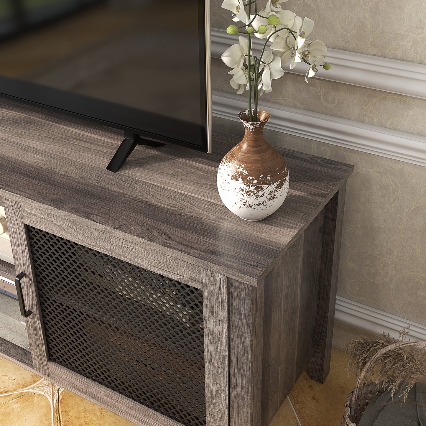 Industrial Entertainment Stand with Mesh Doors for TVs up to 65, Brown Wood Texture TV Cabinet