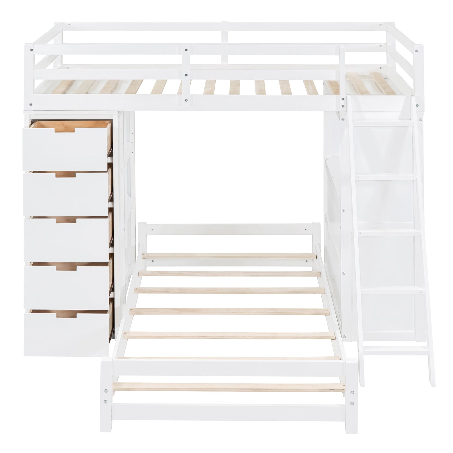 White Twin Bunk Bed with LED Light, USB Ports, and Storage Options