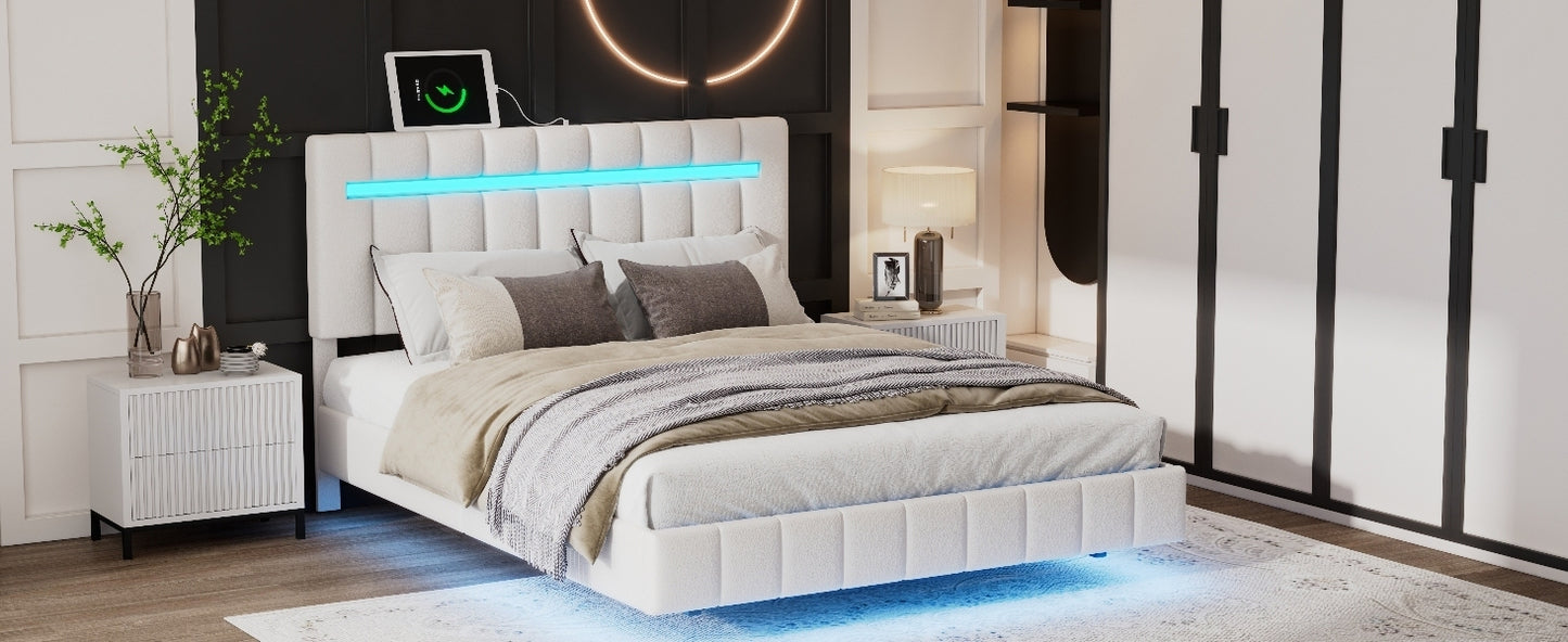 Full Size Floating Bed Frame with LED Lights and USB Charging,Modern Upholstered Platform LED Bed Frame,White(Full)