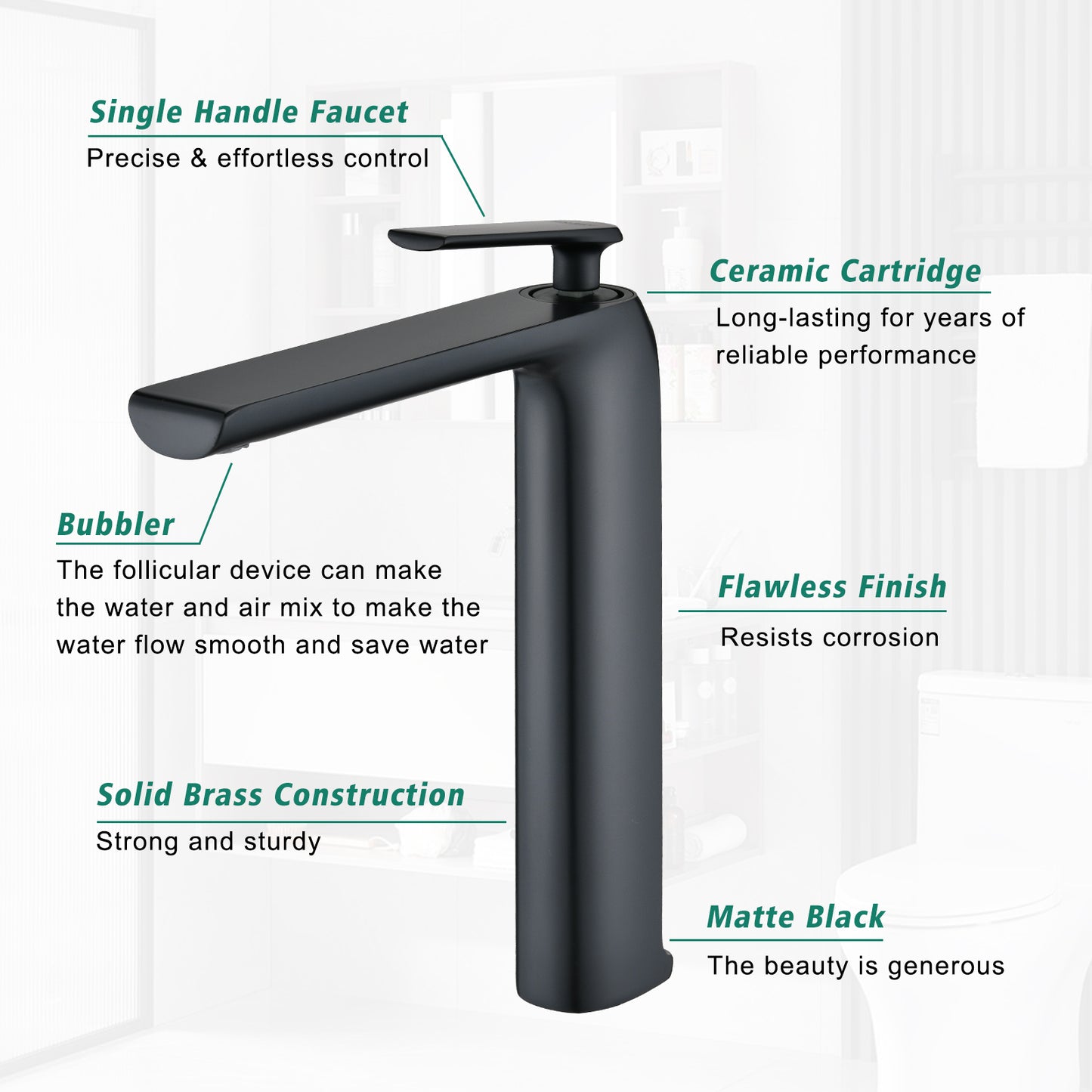 Modern Matte Black Bathroom Faucet with Single Handle and High-Arc Spout