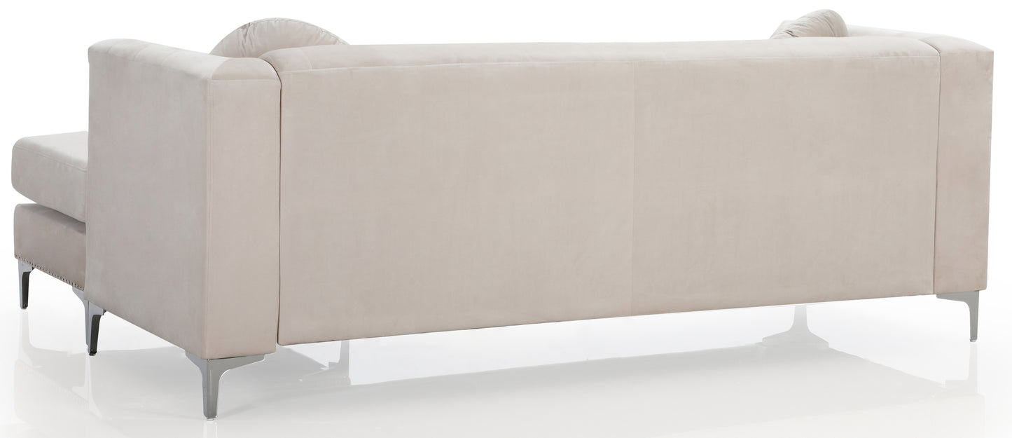 Ivory Mid Century Design Sofa Chaise with Velvety Microsuede Cover and Chromed Steel Legs