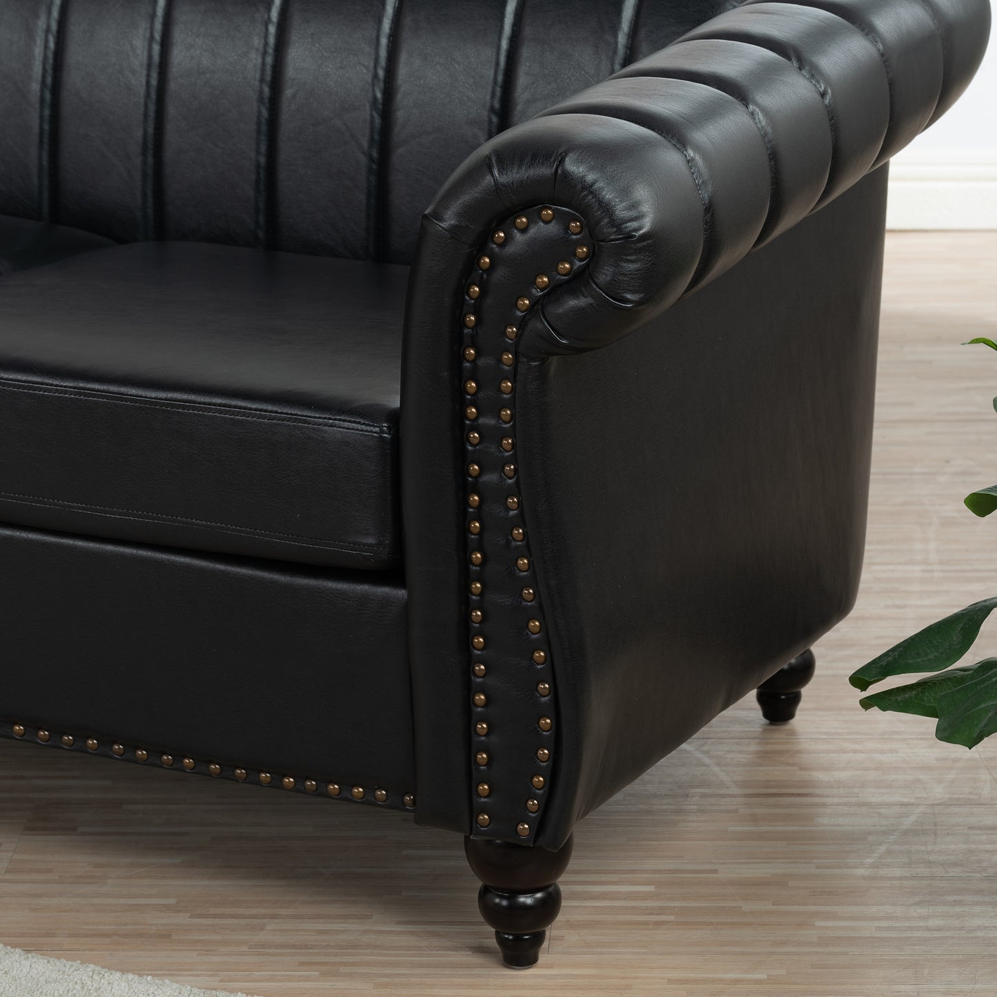 Elegant Black PU Rolled Arm Chesterfield Three-Seater Sofa, 83.46