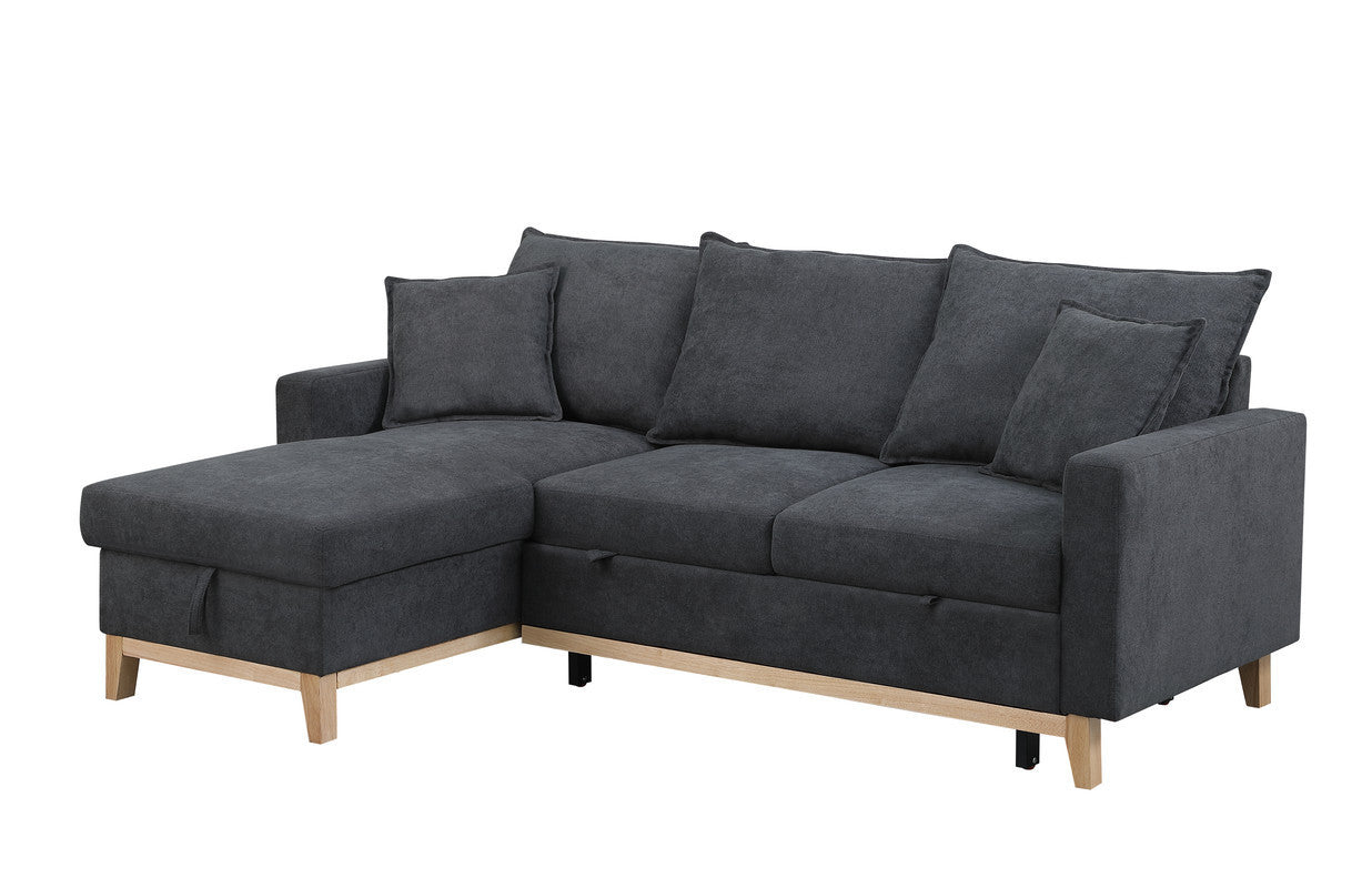 Convertible Dark Grey Upholstered Sleeper Sectional Sofa with Built-In Storage Chaise