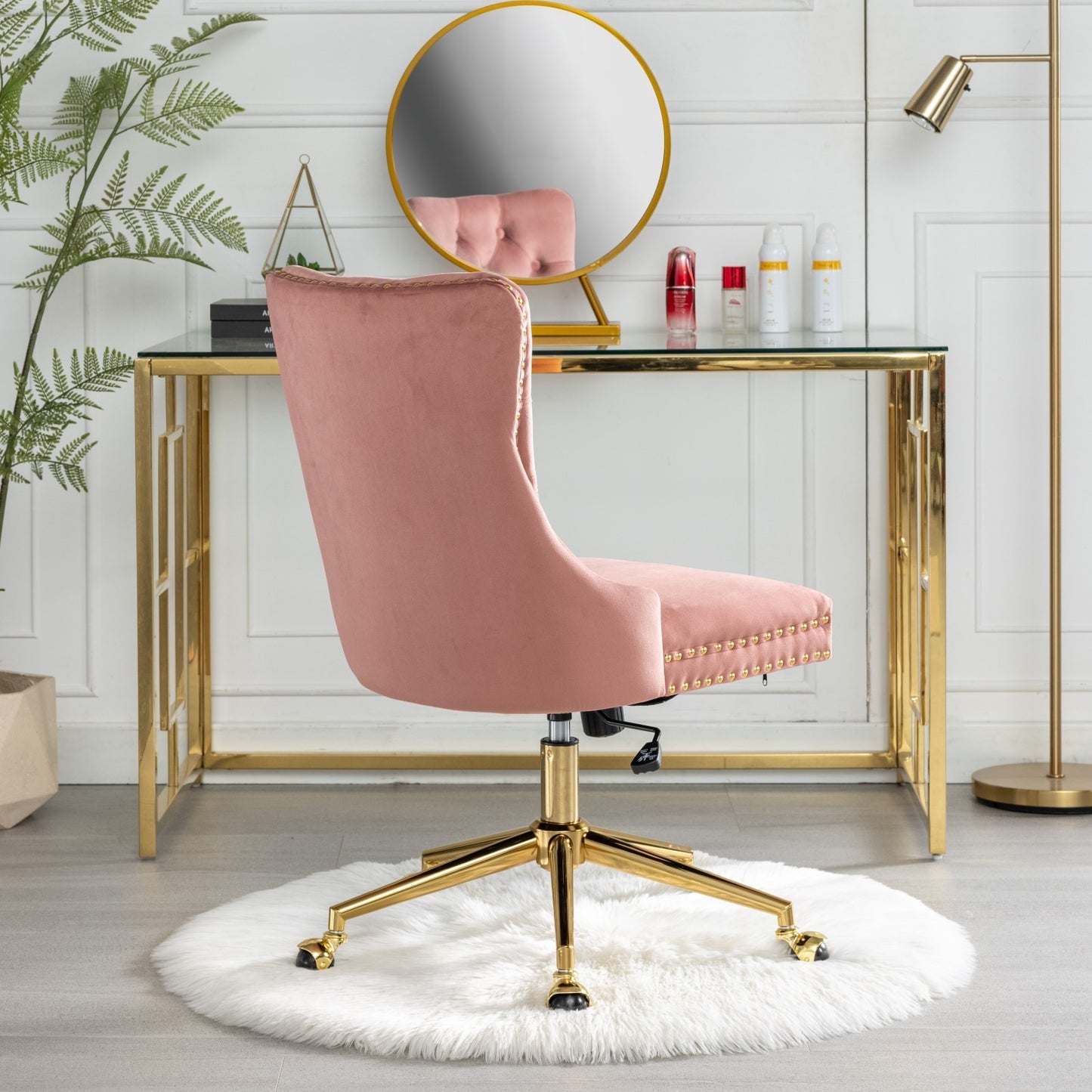 A&A Furniture Office Chair,Velvet Upholstered Tufted Button Home Office Chair with Golden Metal Base,Adjustable Desk Chair Swivel Office Chair (Pink)