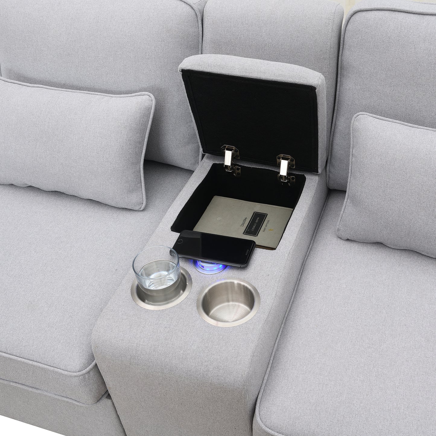 Modern 4-Seat Upholstered Sofa with Console and USB Ports