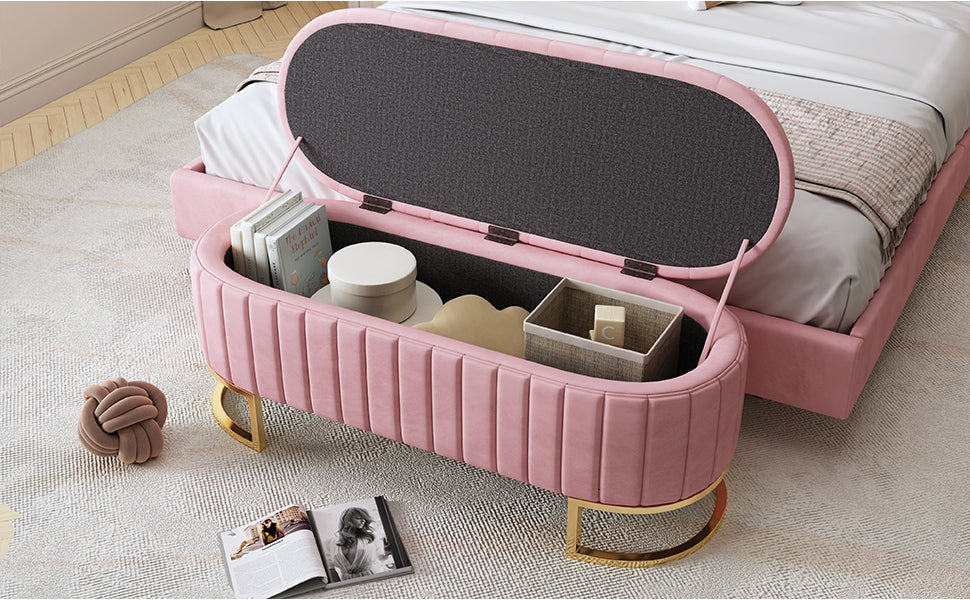 Elegant Upholstered Velvet Storage Ottoman with Button-Tufted,Storage Bench with Metal Legs for Bedroom,Living Room,Fully Assembled Except Legs,Pink