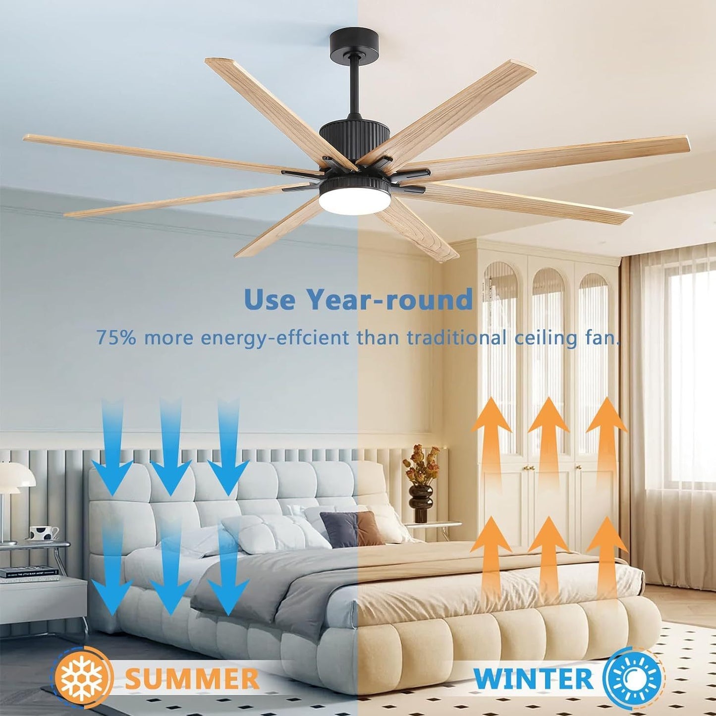 76-Inch Modern Ceiling Fan with Smart Control and Reversible Solid Wood Blades