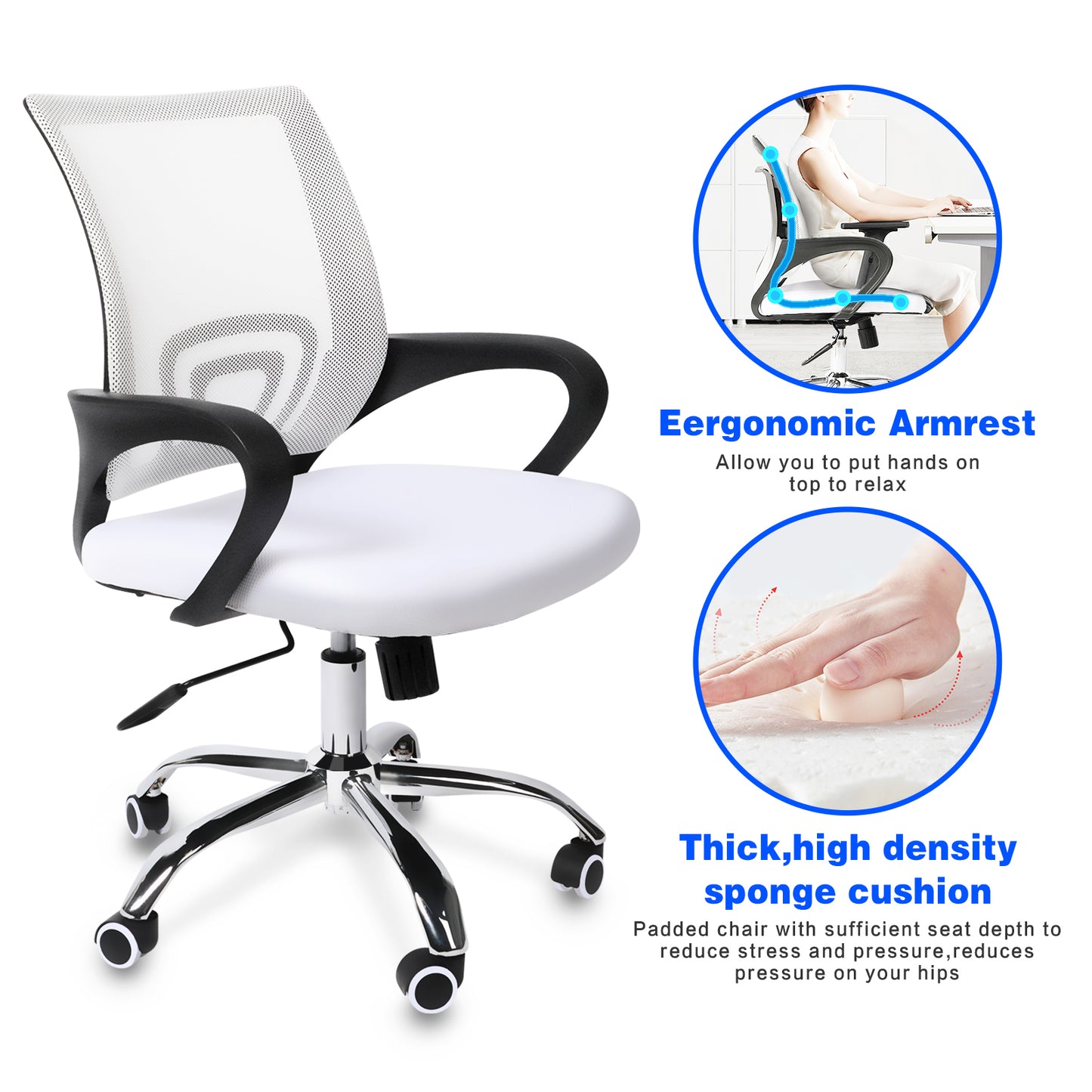 Task Mesh Computer Wheels and Arms and Lumbar Support Study Chair for Students Teens Men Women for Dorm Home Office, Adjustable Height, White