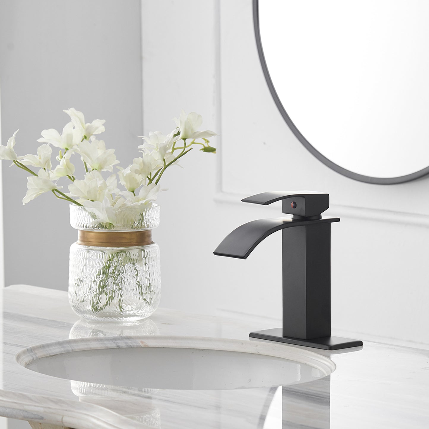 Matte Black Single-Handle Waterfall Bathroom Faucet with Supply Line - Low-Arc