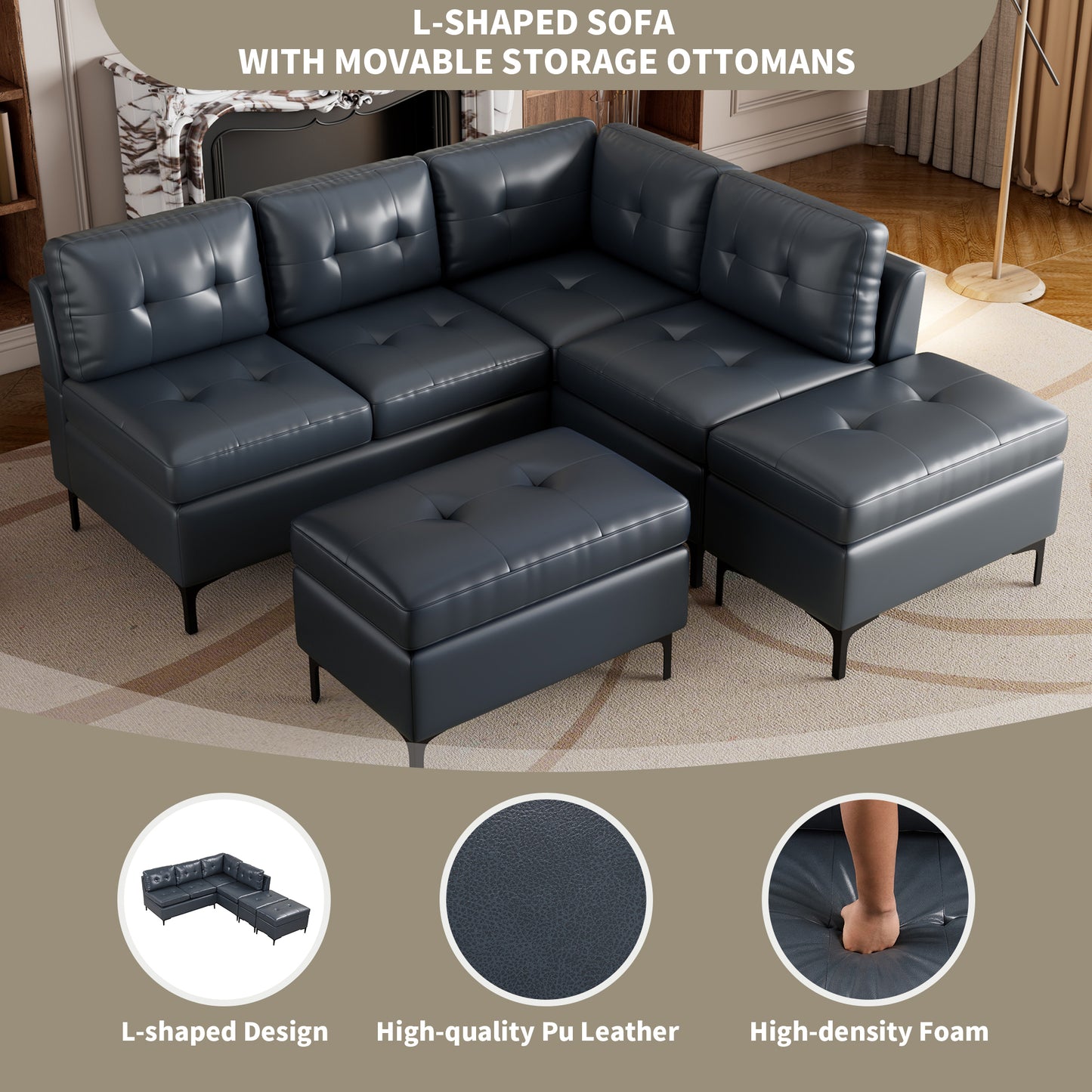 Blue L-Shaped Sectional Sofa Set with Movable Storage Ottomans