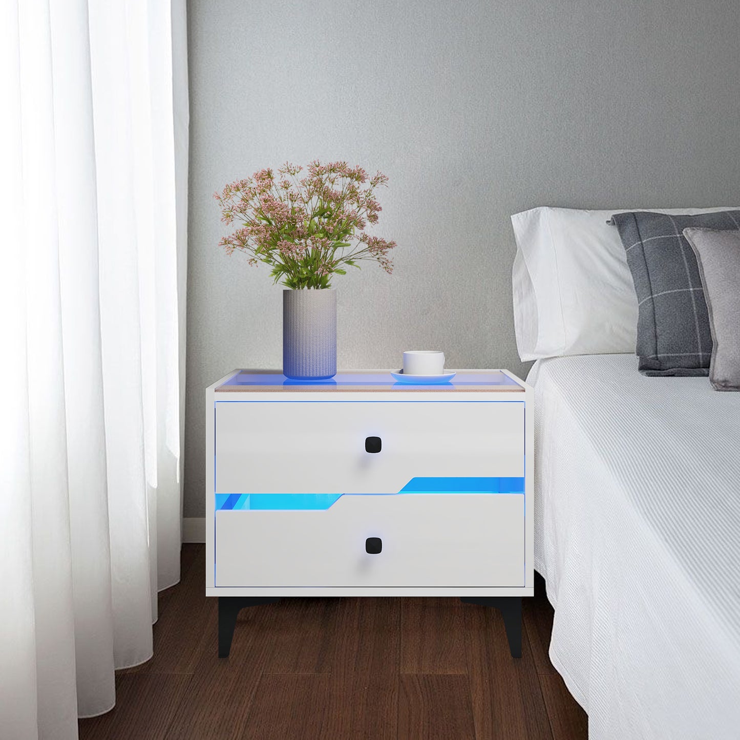 Smart Bedside Table, Nightstand with LED Light Nightstand Modern White High Gloss Bedside Table with 2 Storage Drawers for Bedroom Wooden Smart Side Table End Table with LED Lights (White)