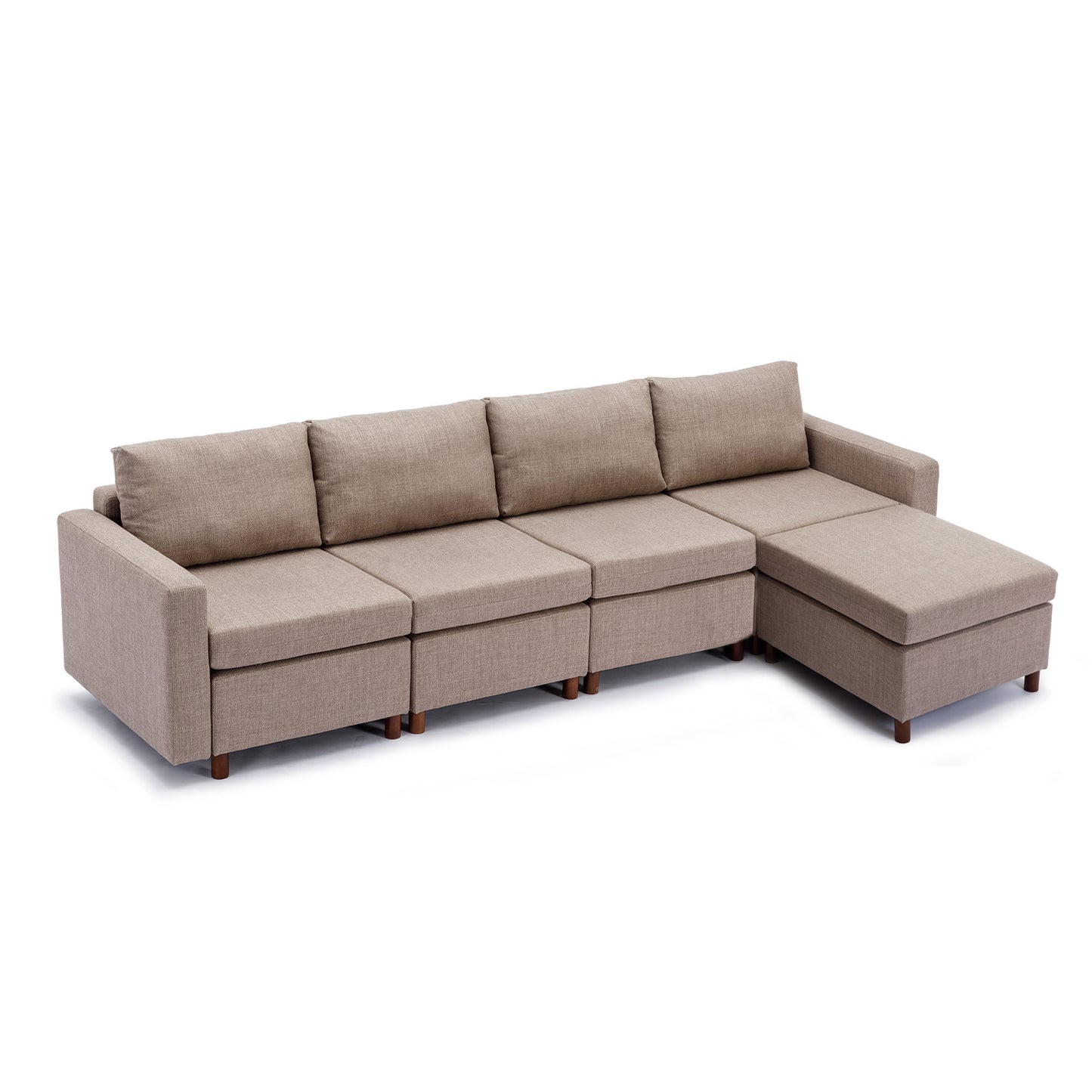 4 Seat Sectional Sofa with Ottoman, Brown Linen, Sturdy Wood Frame, High-Density Sponge Padding