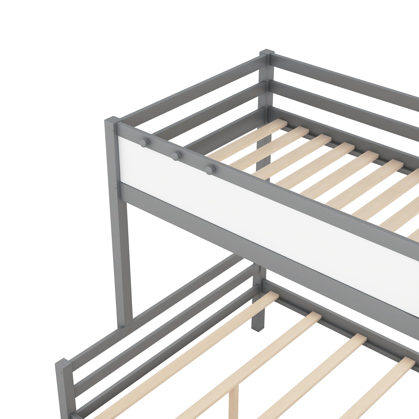 Grey Wood Twin over Full Bunk Bed with Whiteboard, 3 Hooks, and 2 Drawers - Innovative Storage Solution Twin over Full Bunk Bed