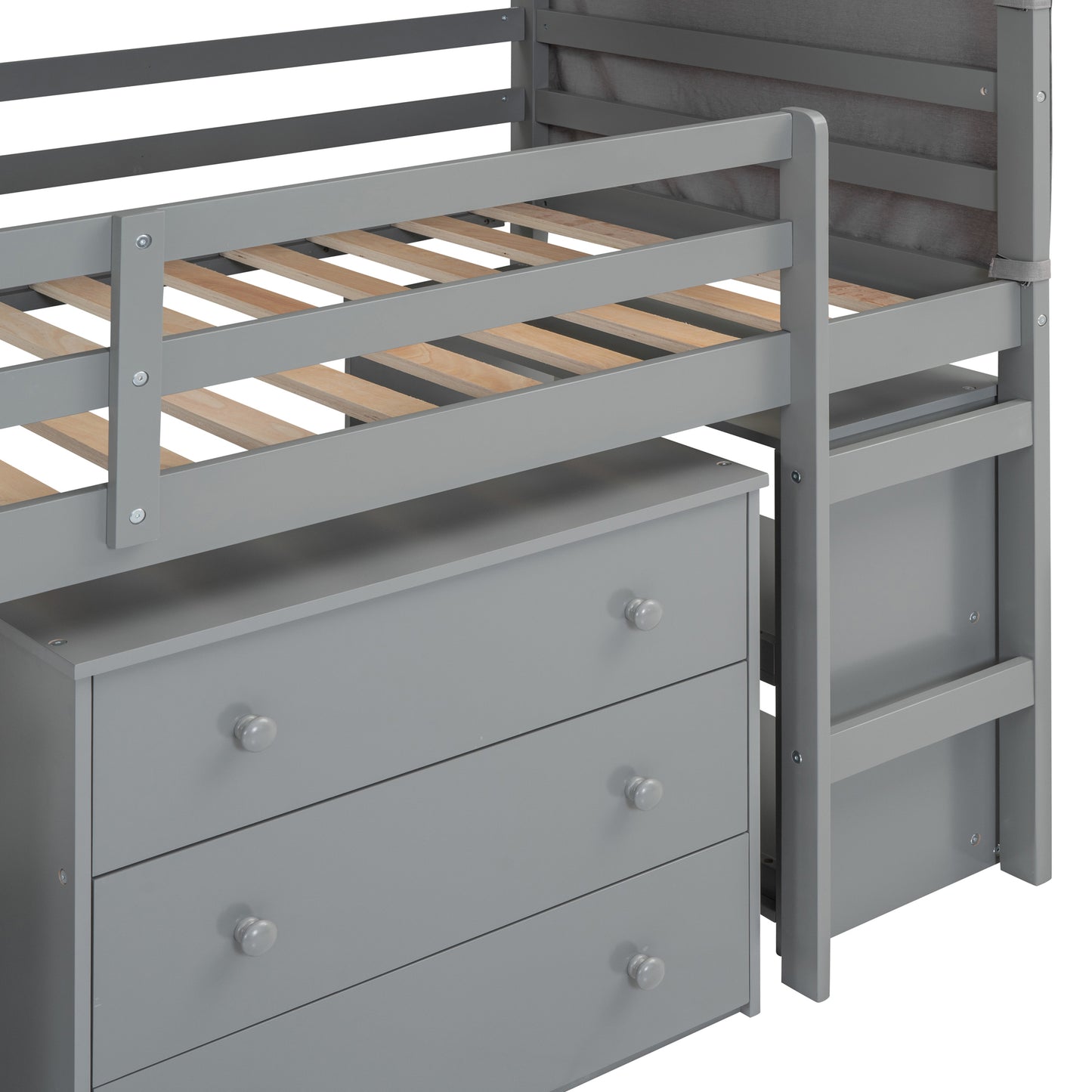 Twin Size Loft Bed with Rolling Cabinet, Shelf and Tent - Gray