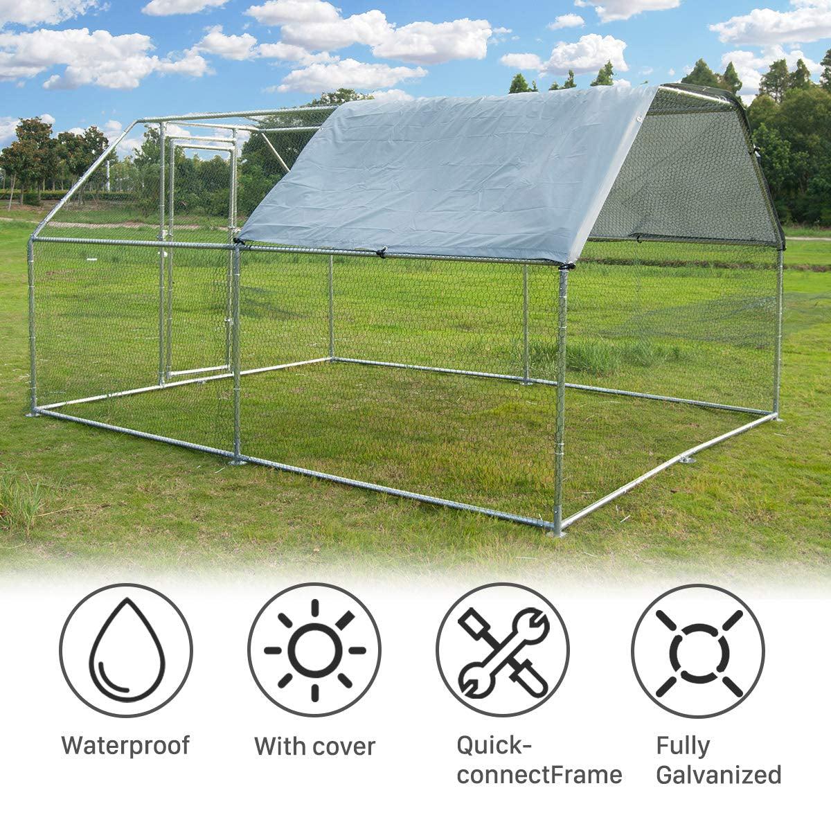 Metal Large Chicken Coop Walk-in Poultry Cage Large Chicken Run Flat Shaped Cage with Waterproof Anti-UltravioletCover, 1.26" Diameter Tube (9.8' L x 13.1' W x 6.4' H)