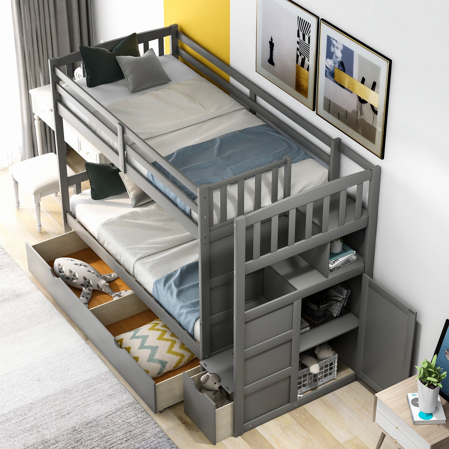 Storage Solution Gray Twin over Full Bunk Bed with Shelves and Drawers