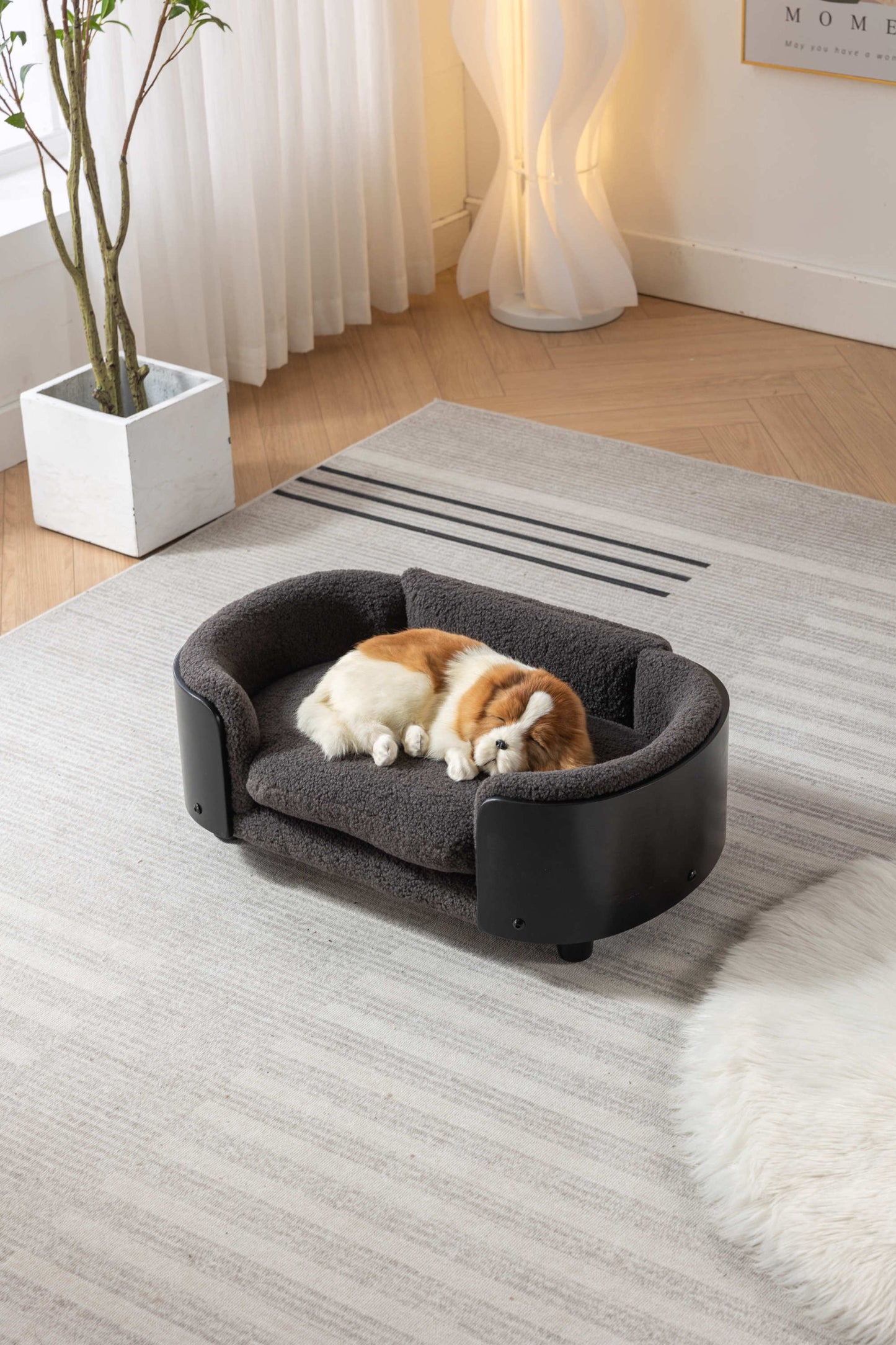 Scandinavian style Elevated Dog Bed Pet Sofa With Solid Wood legs and Black Bent Wood Back,  Cashmere Cushion,Small Size