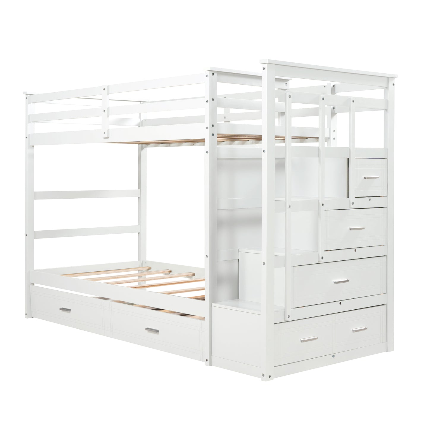 White Solid Wood Twin Bunk Bed with Trundle and Staircase